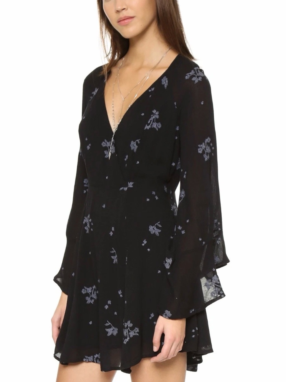 Free People Black Floral V-Neck Long Sleeve Jasmine Mini Dress